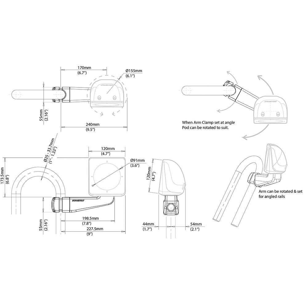 Scanstrut Scanpod Single Instrument Pod Precut Arm Mounted Fits 1 13 Rails SPR1IAM